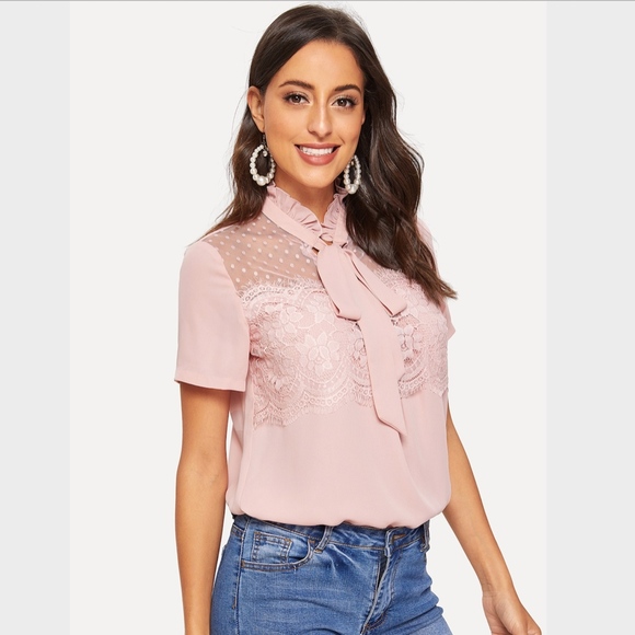 Frilled Tie Neck Lace Appliqué Top Blush Pink - Picture 3 of 6